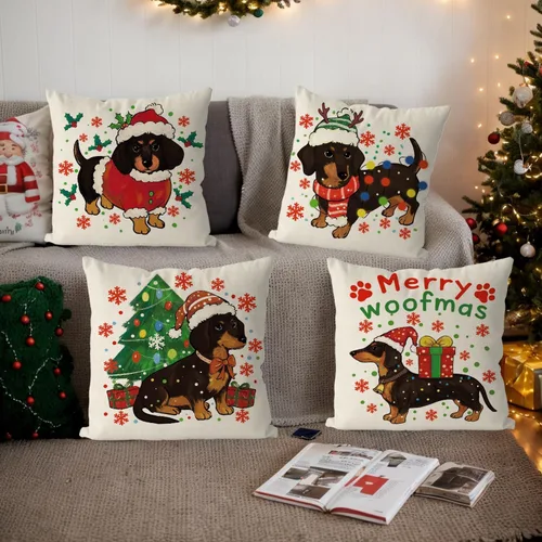 Vista 5 de Juego de 4 fundas de almohada navideñas para decoración de perro salchicha para el hogar, sofá, sala de estar, 16 x 16 pulgadas
