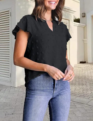 Vista 7 de MEROKEETY Blusa de verano de manga corta con volantes y cuello en V para mujer 2023, con lunares suizos, blusa de túnica