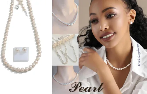 Vista 4 de Juego de collar y aretes de perlas, collar de perlas reales, conjuntos de joyas para mujer 18 a 19 pulgadas AAAACollar de perlas de agua dulce
