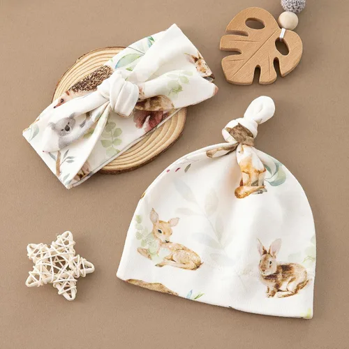 Vista 6 de BabyWhale Manta de muselina para envolver con sombrero y vincha con moño, juego de manta con estampado de animales para bebés niños y niñas, manta