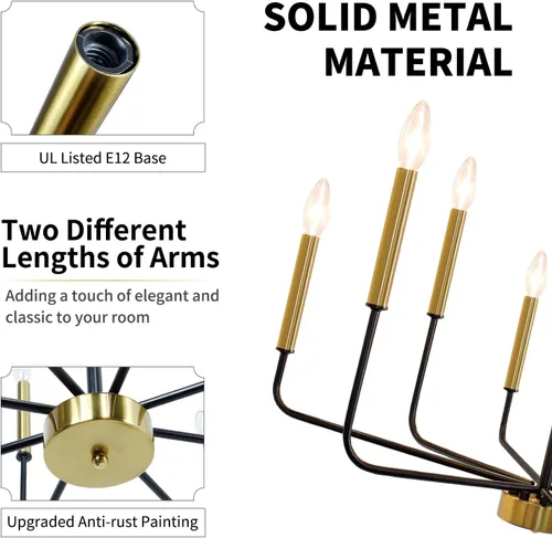 Vista 3 de Candelabro de 8 luces negras y doradas: candelabros estilo vela de 29.5 pulgadas con brazos de candelabro - Moderna lámpara de comedor de granja