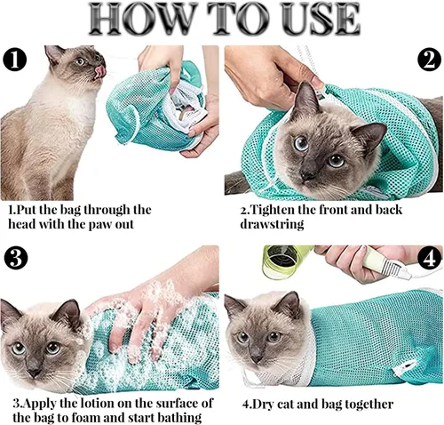 Vista 7 de Bolsa de red de baño y aseo para gatos 2 en 1, ajustable, transpirable para retención e inyección de gatos, toma de medicamentos (verde, gris)