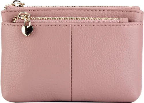 Vista 10 de Mini monedero con cremallera de cuero genuino para mujer, con llavero con triple cremallera, tarjetero Negro