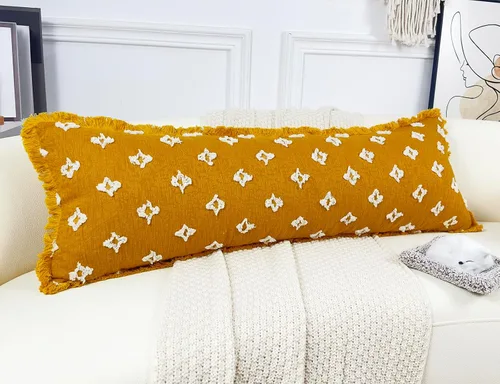 Vista 9 de Funda de almohada lumbar larga bohemia de 12 x 36 pulgadas con flecos de borlas, funda de almohada lumbar extra decorativa con patrón de flores 3D