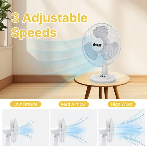 Vista 3 de Shop-Air Ventilador de mesa oscilante de 12 pulgadas, 3 velocidades, circulación de aire silenciosa y potente, inclinación de cabeza ajustable