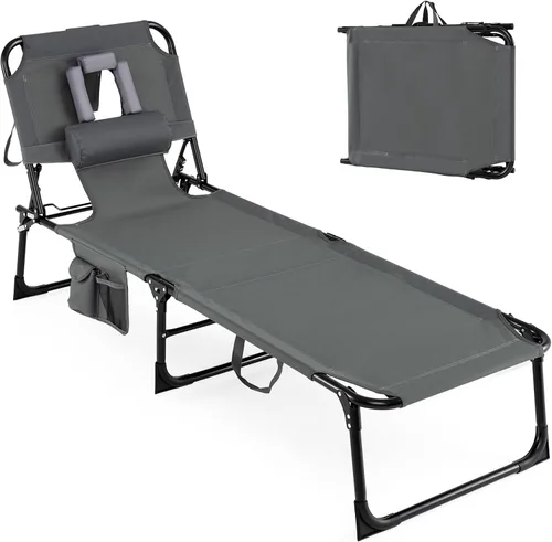 Vista 12 de Goplus Silla bronceadora, silla plegable ajustable para patio con orificio para la cara, almohada extraíble, 330 libras, correa de transporte, silla