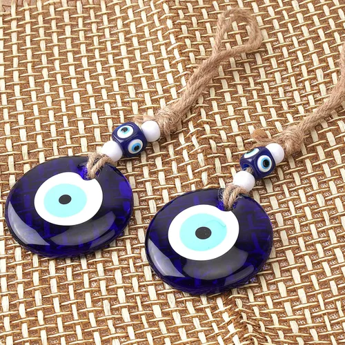 Vista 2 de 2 piezas de decoración azul contra el mal de ojo para colgar en la pared del hogar, cristal hecho a mano, amuleto turco de nazar de buena suerte