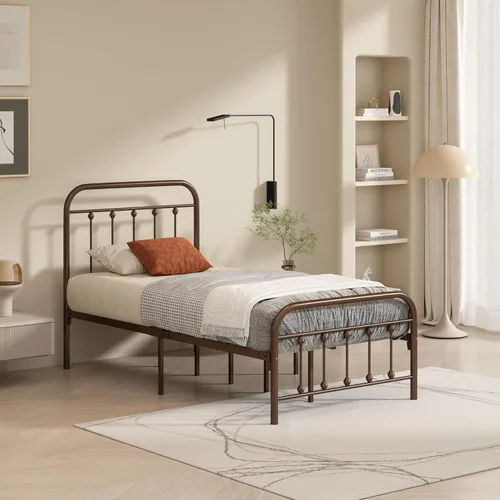 Vista 10 de Marco de cama de metal tamaño matrimonial con cabecero y estribo, sin somier, color blanco
