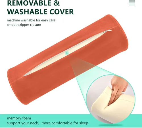 Vista 4 de Moudou Almohada de cuello de color liso naranja sólido, almohada redonda cilíndrica de espuma viscoelástica suave con funda extraíble para soporte