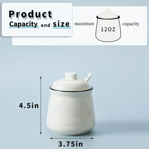 Vista 3 de Tazón de sal de porcelana con tapa y cuchara, azucarero de cerámica de 12 onzas (beige)