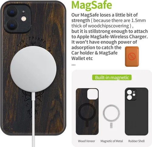 Vista 4 de Carveit Funda magnética de madera para iPhone 12 [madera real dura y TPU suave] a prueba de golpes, funda protectora híbrida única y elegante