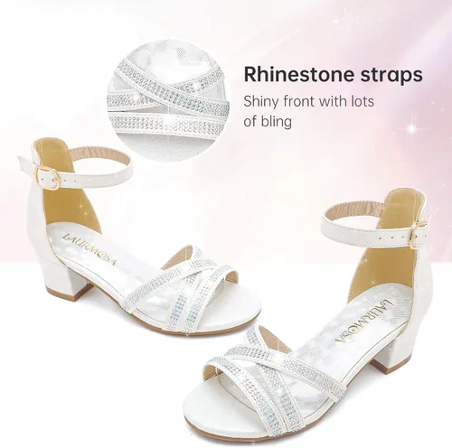 Vista 4 de Sandalias de tacón para niñas, con correa de tobillo y puntera abierta, zapatos de vestir para niños pequeños y grandes en bodas, fiestas, zapatos
