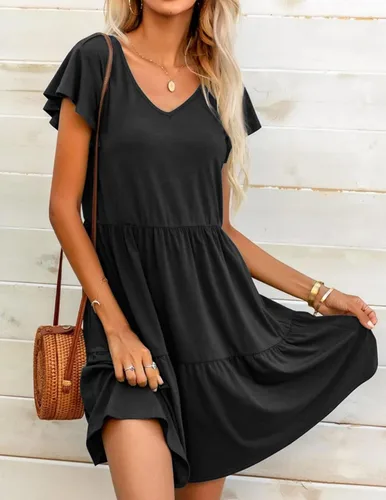 Vista 3 de HOTOUCH Vestido casual escalonado con bolsillos, cuello en V, con volantes, manga casquillo, vestido acampanado