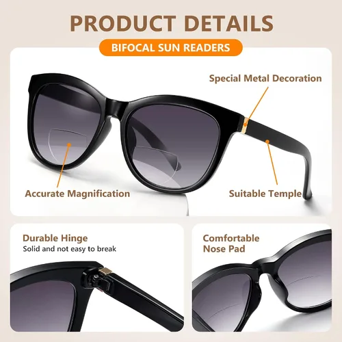 Vista 4 de EASY READ Lentes de sol bifocales de lectura para mujer, a la moda, con protección UV400 (aumento 1.00, negro)