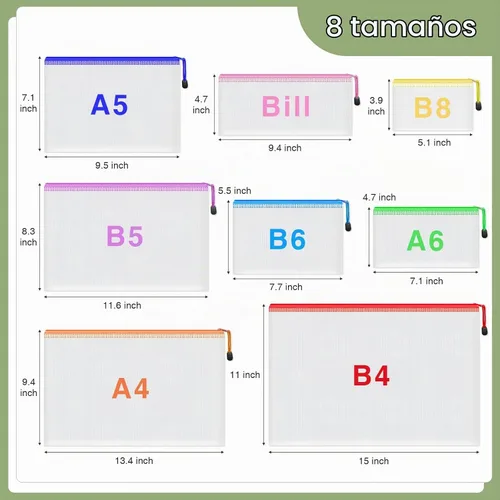 Vista 2 de Smarpau 8 bolsas con cremallera, 8 tamaños, 8 colores, bolsas de plástico con cremallera para organizar, bolsas de documentos impermeables multiusos