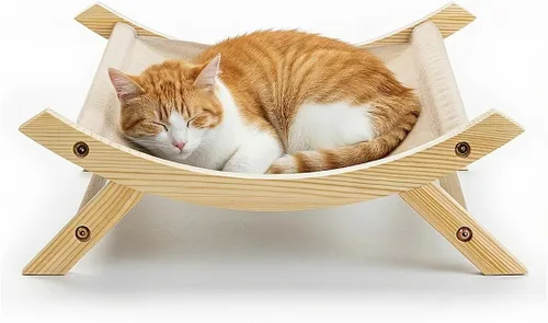 Vista 8 de CallieCo Hamaca de madera para gatos, moderna tumbona elevada para mascotas con marco de madera de primera calidad y tela transpirable, elegante