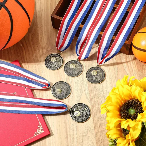 Vista 7 de RoundFunny 12 piezas de medallas de premios de baloncesto a granel, medallas de oro, premios de trofeos con cintas para el cuello, premios