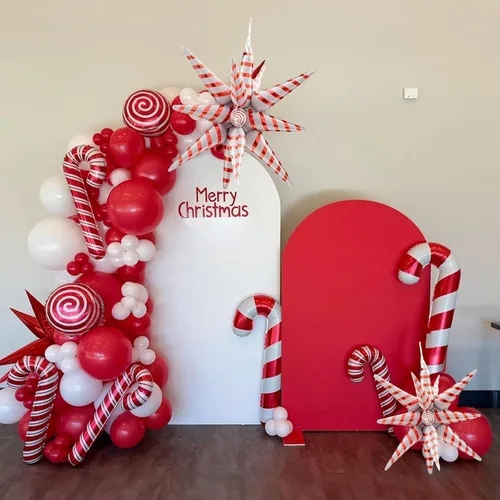 Vista 2 de Guirnalda de globos de Navidad, kit de arco de globos de Navidad rojos y blancos con globos de piruleta de bastón de caramelo de aluminio y globo