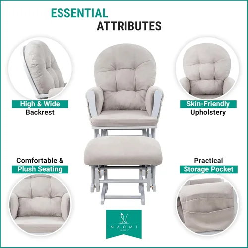 Vista 3 de Naomi Home Mecedora para bebé con otomana – Silla deslizante suave y silenciosa, respaldo alto y brazos acolchados para alimentación, muebles