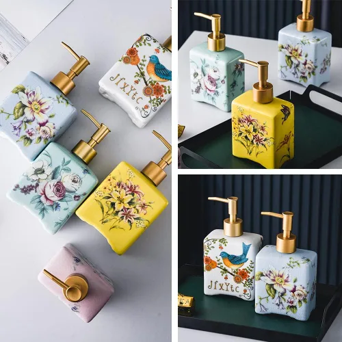 Vista 5 de WAYUTO Dispensador de jabón vintage de 12 onzas con grietas de hielo, dispensador de jabón líquido de cerámica para encimera de cocina, baño