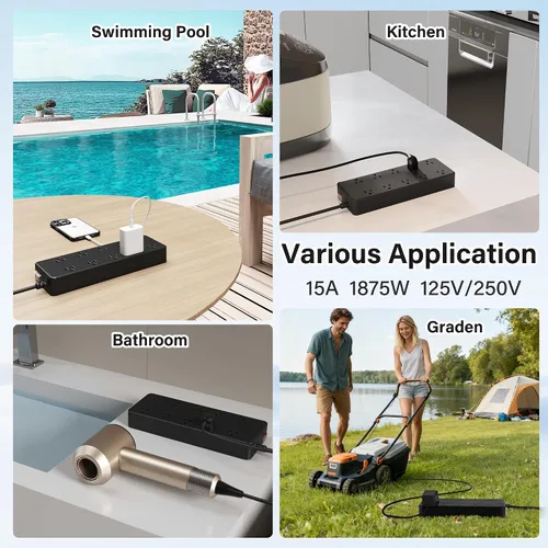 Vista 6 de Tira de alimentación para exteriores de 6 pies, protector de sobretensiones impermeable IPX6, 10 salidas de CA ampliamente espaciadas, cable