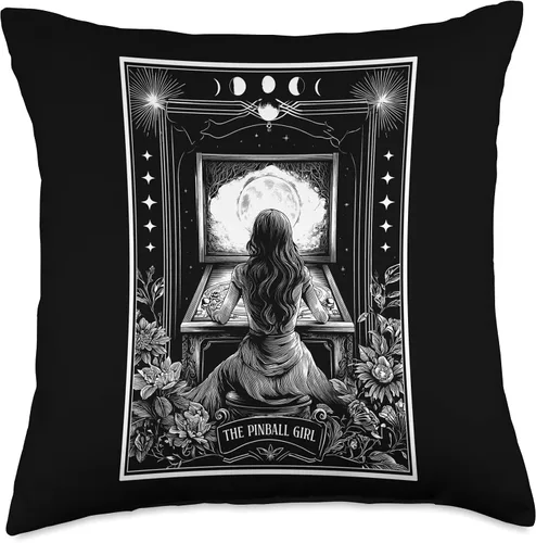 Vista 4 de The Pinball Girl Retro Arcade Game 80s Tarot Card Skeleton Throw Pillow