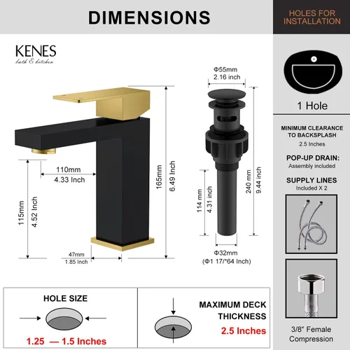 Vista 6 de KENES Grifo de lavabo de baño de una sola manija, grifos de baño negros y dorados de un solo orificio, grifo de tocador con desagüe emergente