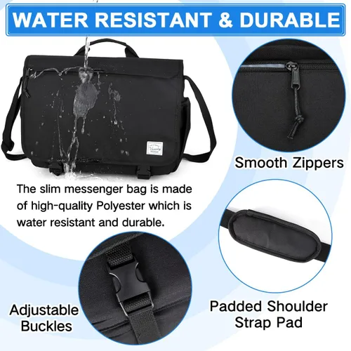 Vista 4 de VASCHY Bolsa de mensajero para hombre, resistente al agua, maletín para laptop, bolsa de trabajo, bolso cruzado para mujer, universidad, Negro