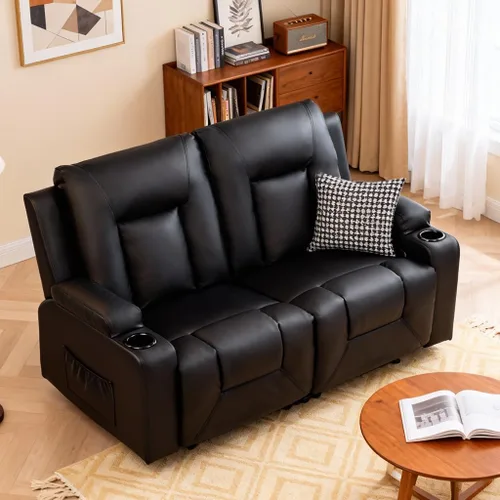 Vista 7 de COMHOMA Muebles sofá de cuero consolidado con masaje, portavasos, juego de sala de estar, silla reclinable, 3+1+1, negro