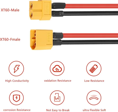 Vista 5 de XT60 Cable de extensión de enchufe 12AWG 50CM cable de silicona, conector XT60 para batería RC Lipo, piezas de juguete de repuesto de bricolaje