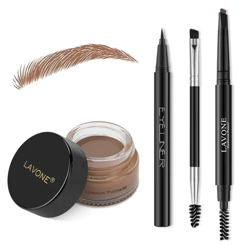Vista 26 de LAVONE Kit de lápiz de sello para cejas, kit de maquillaje triple con lápiz de ceja impermeable, delineador, pomada de cejas y cepillo de cejas