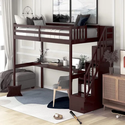 Vista 3 de Cama individual con escalera de 3 almacenajes y escritorio integrado, marco de cama de madera maciza que ahorra espacio para niños, niñas
