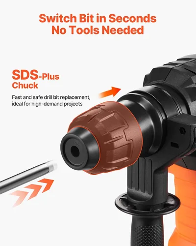 Vista 8 de VEVOR - Rotomartillo SDS-Plus de 1-1/4 pulgadas, taladro con cable de 13 amperios, martillos de astilla de servicio pesado con control de vibración