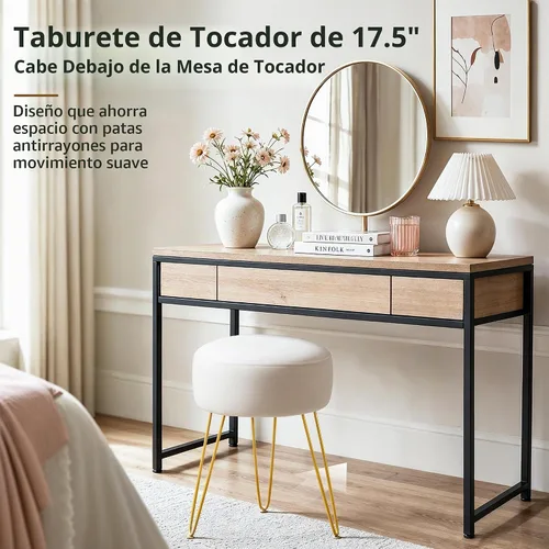 Vista 4 de LUE BONA Taburete de tocador, taburetes de tocador blancos para sala de maquillaje, taburete otomano redondo, reposapiés de terciopelo para tocador