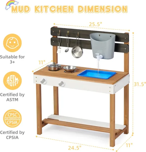 Vista 3 de Cocina de madera para niños, cocina de barro al aire libre con juego de agua y juguetes de cocina, juego en el patio trasero para niños de más de 3