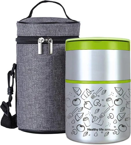 Vista 8 de Lille Home Caja de almuerzo/merienda térmica apilable de acero inoxidable aislada al vacío, contenedor Bento/de comida de 2 niveles con bolsa