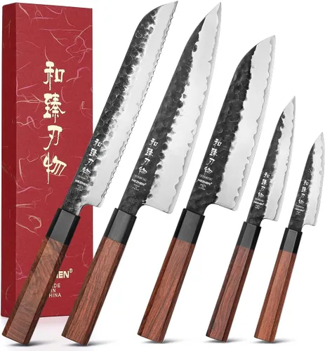 Vista 12 de Juego de cuchillos de cocina 4 piezas, cuchillo de chef de acero revestido Nakiri forjado Santoku, mango octogonal de madera