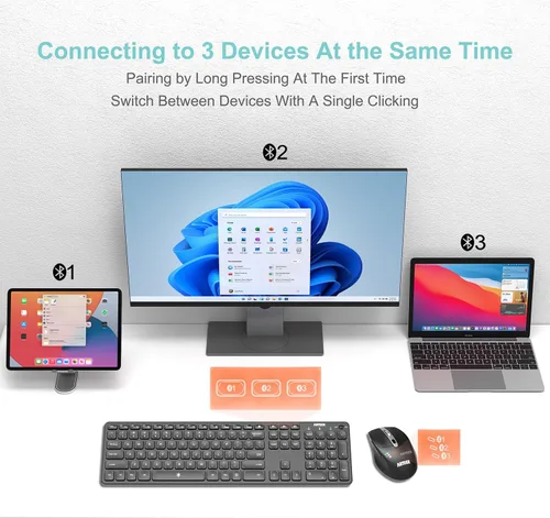Vista 2 de Arteck Teclado y Ratón Bluetooth Universal Multidispositivo Teclado Bluetooth Inalámbrico de Tamaño Completo y Conjunto de Ratón Ergonómico