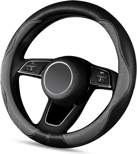 Vista 8 de SuperKaKa Funda Universal para Volante de Coche en Gris y Negro 2025, Protector de PU Cómodo, Antideslizante y Transpirable de Imitación de Cuero