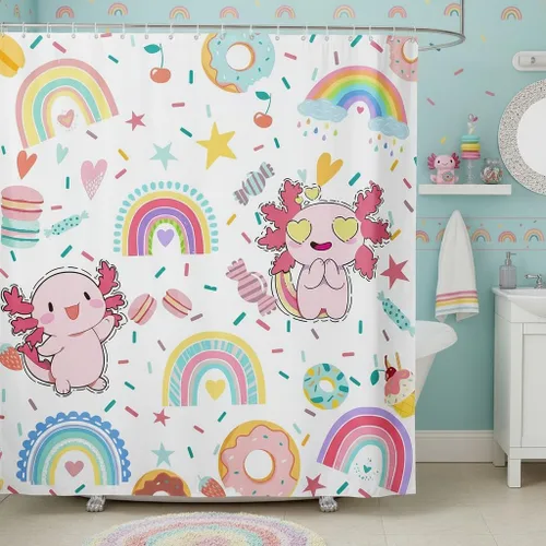 Vista 23 de Cortina de ducha de sirena, decoración de baño con escala de acuarela, habitación para niños y niñas, mujeres, caricaturas, delfín, pulpo