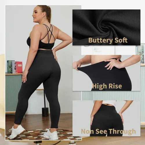 Vista 3 de HLTPRO Paquete de 3 leggings de talla grande para mujer (XL - 4X), pantalones suaves y elásticos de cintura alta para entrenamiento, correr, yoga
