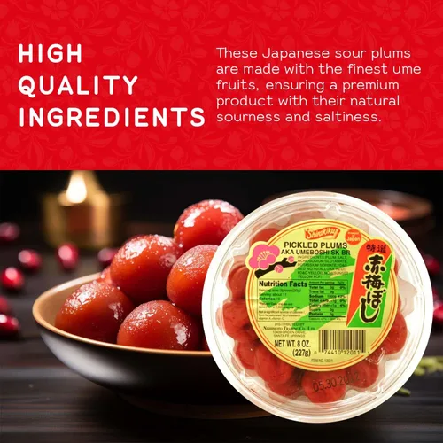 Vista 3 de Shirakiku Ciruelas saladas Aka Umeboshi Umeboshi japonés para aderezos de ensalada, verduras cocidas y salsas Ciruela, sal, glutamato monosódico