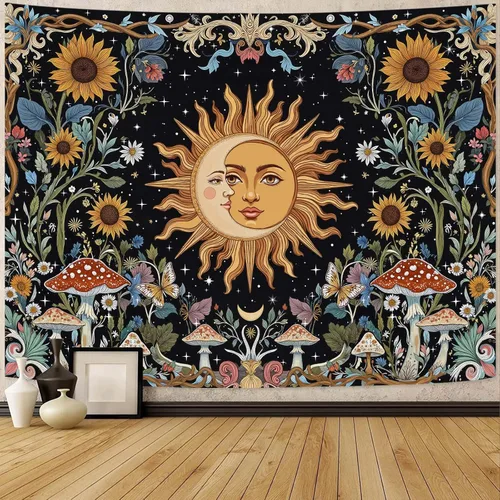 Vista 10 de Fungarth Tapiz de Esqueleto y Mariposa Blanco y Negro Calavera Hongos Plantas Tapices Hippie Estético Tapiz Colgante de Pared para Dormitorio Sala