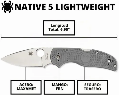 Vista 5 de Spyderco Native 5 Maxamet - Cuchillo de bolsillo plegable ligero, borde Gris