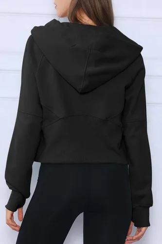 Vista 5 de Trendy Queen Sudadera corta con capucha de media cremallera para mujer, sudadera con cremallera de un cuarto, ropa de invierno 2022