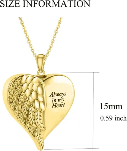 Vista 6 de Collar de urna de cremación de corazón para cenizas, collar de urna de corazón de ala de corazón de oro real de 10 quilates, 14 quilates y 18