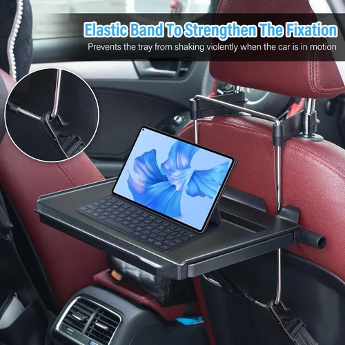 Vista 5 de VarCozy Bandeja para Volante de Coche, Bandeja Colgante Plegable para Reposacabezas Trasero con Bandeja Expandible y Ranura para Bebidas, Escritorio
