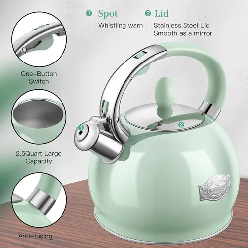 Vista 4 de RETTBERG Teteras de té, teteras silbantes de inducción de 2.64 cuartos de galón, teteras de acero inoxidable de grado alimenticio con mango de tacto