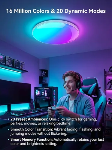 Vista 5 de Lámpara de techo LED inteligente de 12 pulgadas de montaje empotrado con control remoto, cableado (alimentado por CA) - Cambio de color RGB
