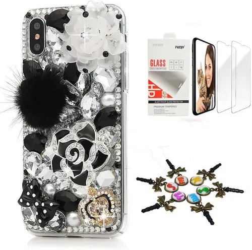 Vista 5 de Sparkle Funda compatible con iPhone 12, elegante funda 3D hecha a mano con diseño de mariposa, rosas, diamantes de imitación y purpurina